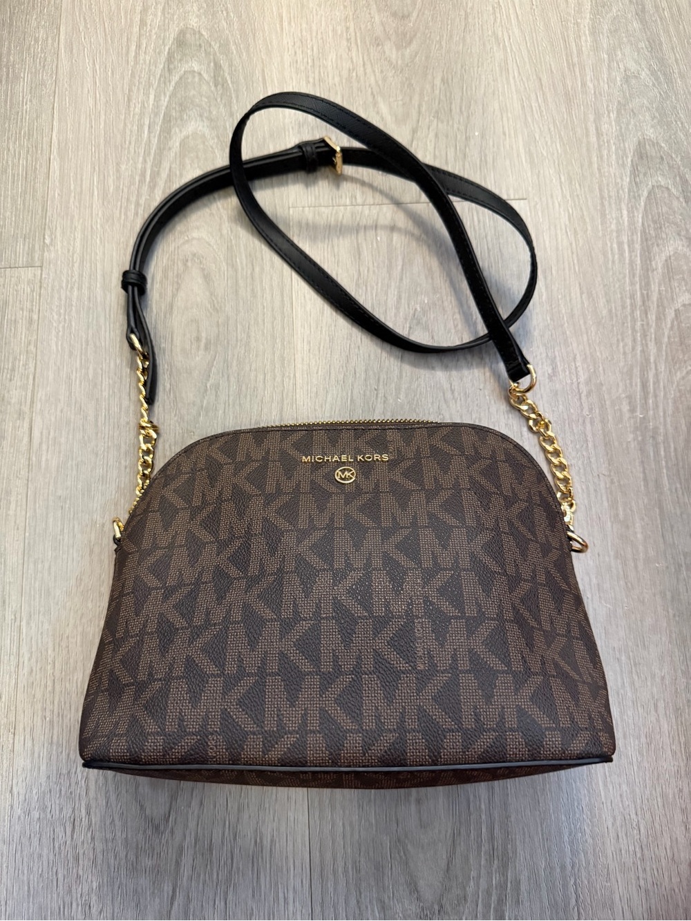 Michael Kors Brown Logo Dome Crossbody with Black Strap and Gold Hardware
